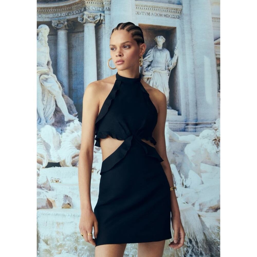 Mango Elegant Black Linen Blend Cut-Out Halter Mini Dress Medium